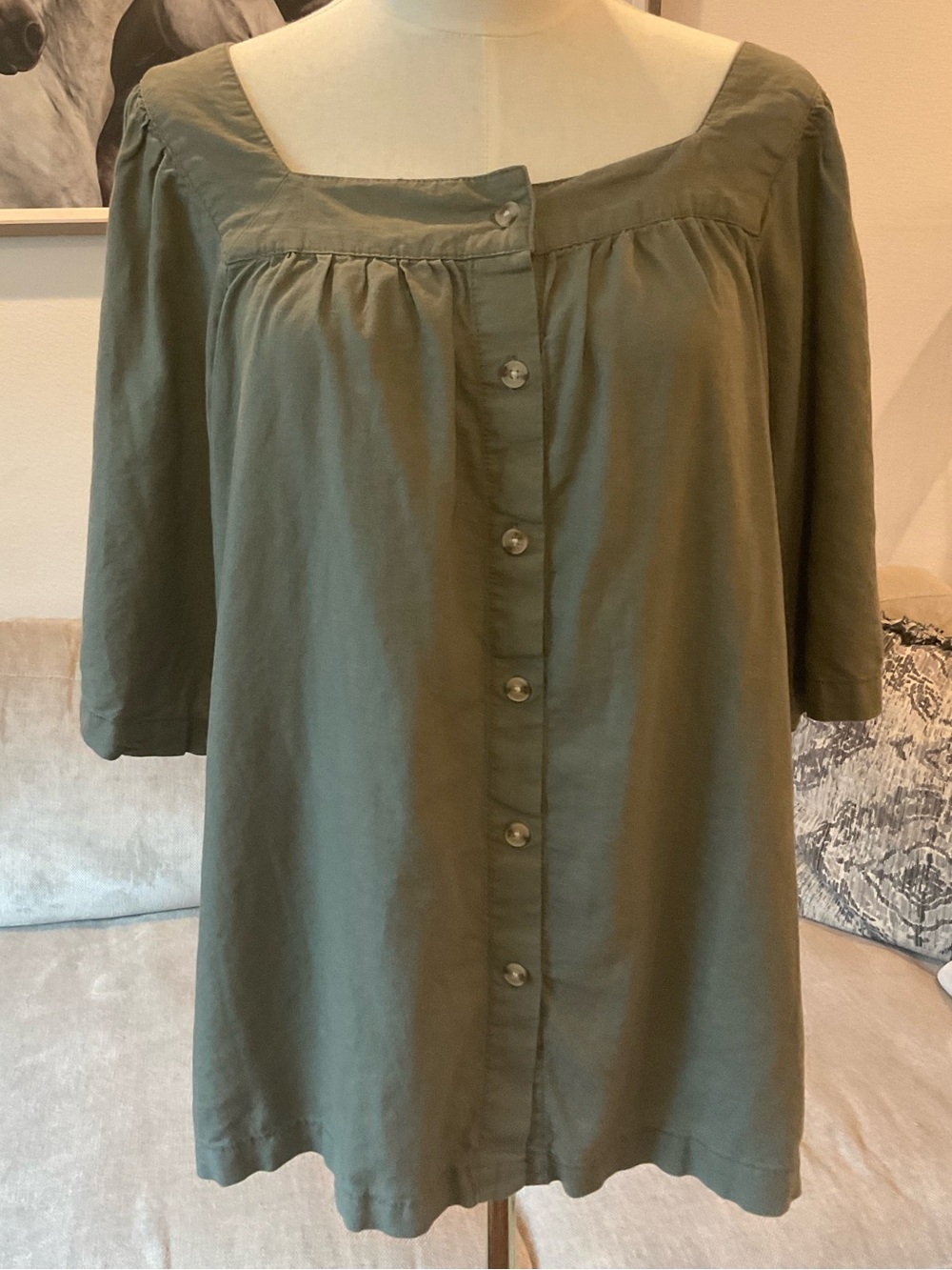 Olive Green Boho Square Neck Button-Front Blouse